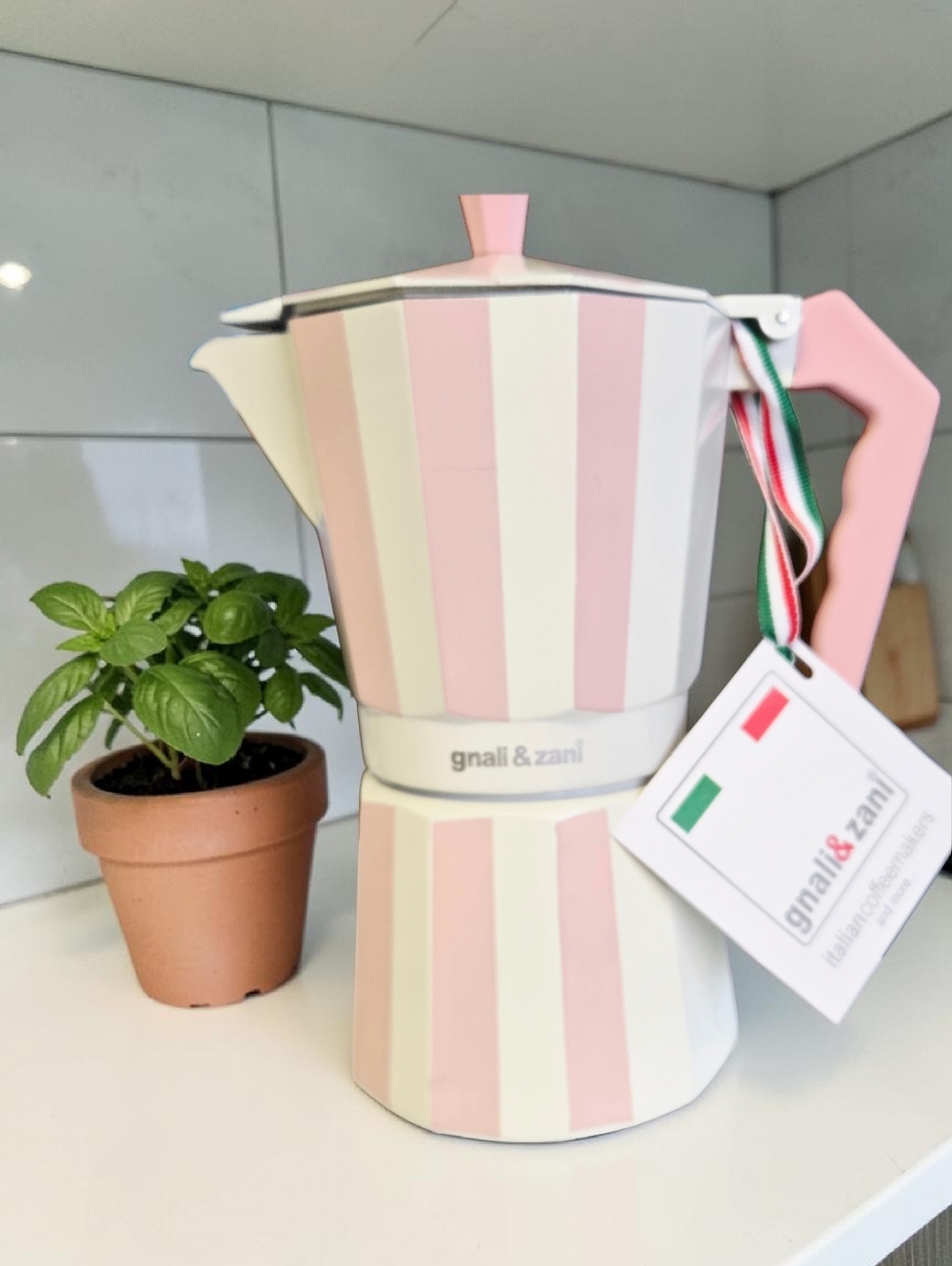 NEW Gnali & Zan Pink/White Italian Aluminum 9-Cups of Espresso Coffee Maker Pot